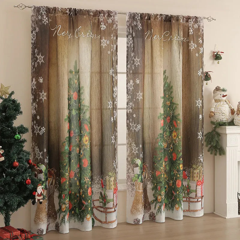 Rectangular Christmas-themed curtain with printed designs showing semi-sunshade function