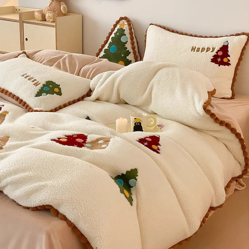 Bright yellow winter cartoon print duvet cover set with embroidery on a bed, showing fleece lining.