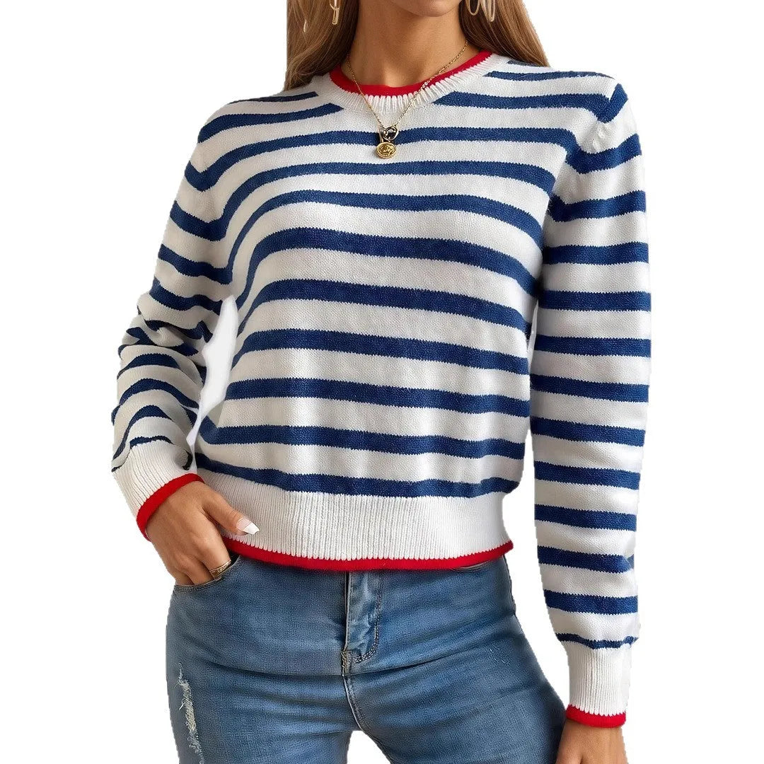 Sapphire Blue striped acrylic pullover sweater with round neck and long sleeves on hanger