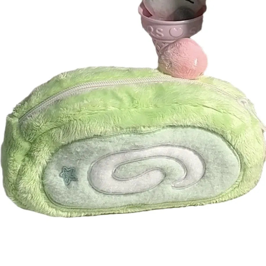 Honeydew Roll plush velvet pencil case in Swiss Roll Cake colour with Korean style design