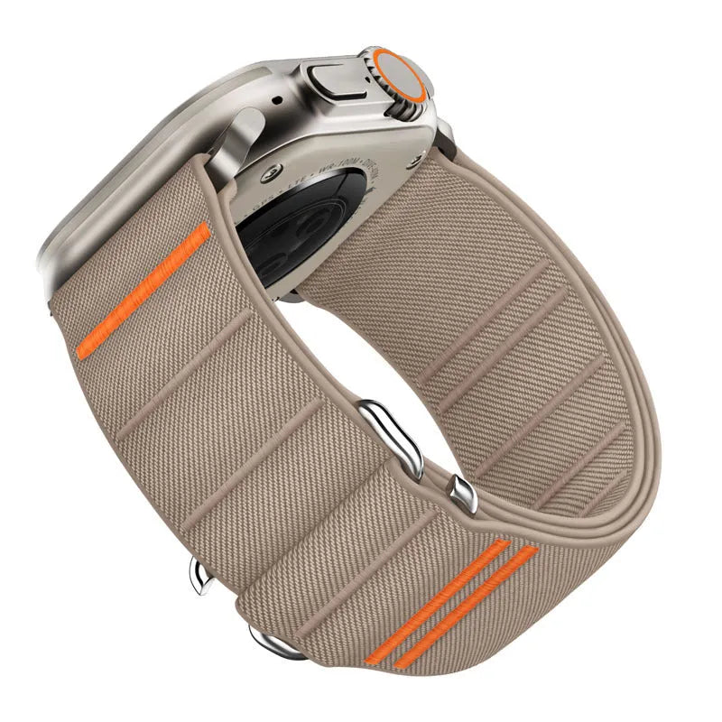 Elastic nylon Apple Watch replacement strap with stainless steel buckle shown in Army Green colour.