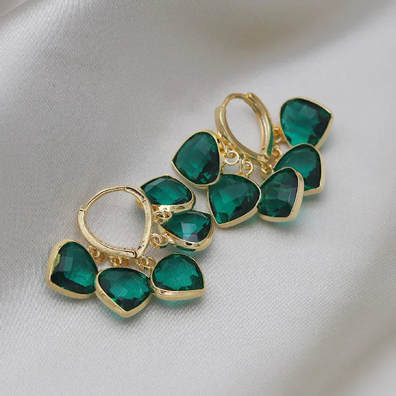 Green heart-shaped Korean style ear clip earrings with glass and artificial gemstone detailing