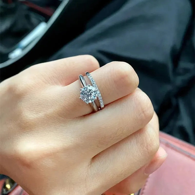 Silver-plated adjustable couple rings with moissanite stones and Chinese dragon phoenix engraving