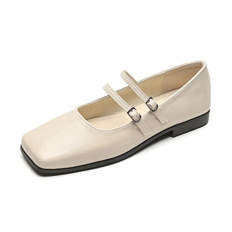 Women's silver genuine leather Mary Jane ballet flats with cross buckle strap and round toe