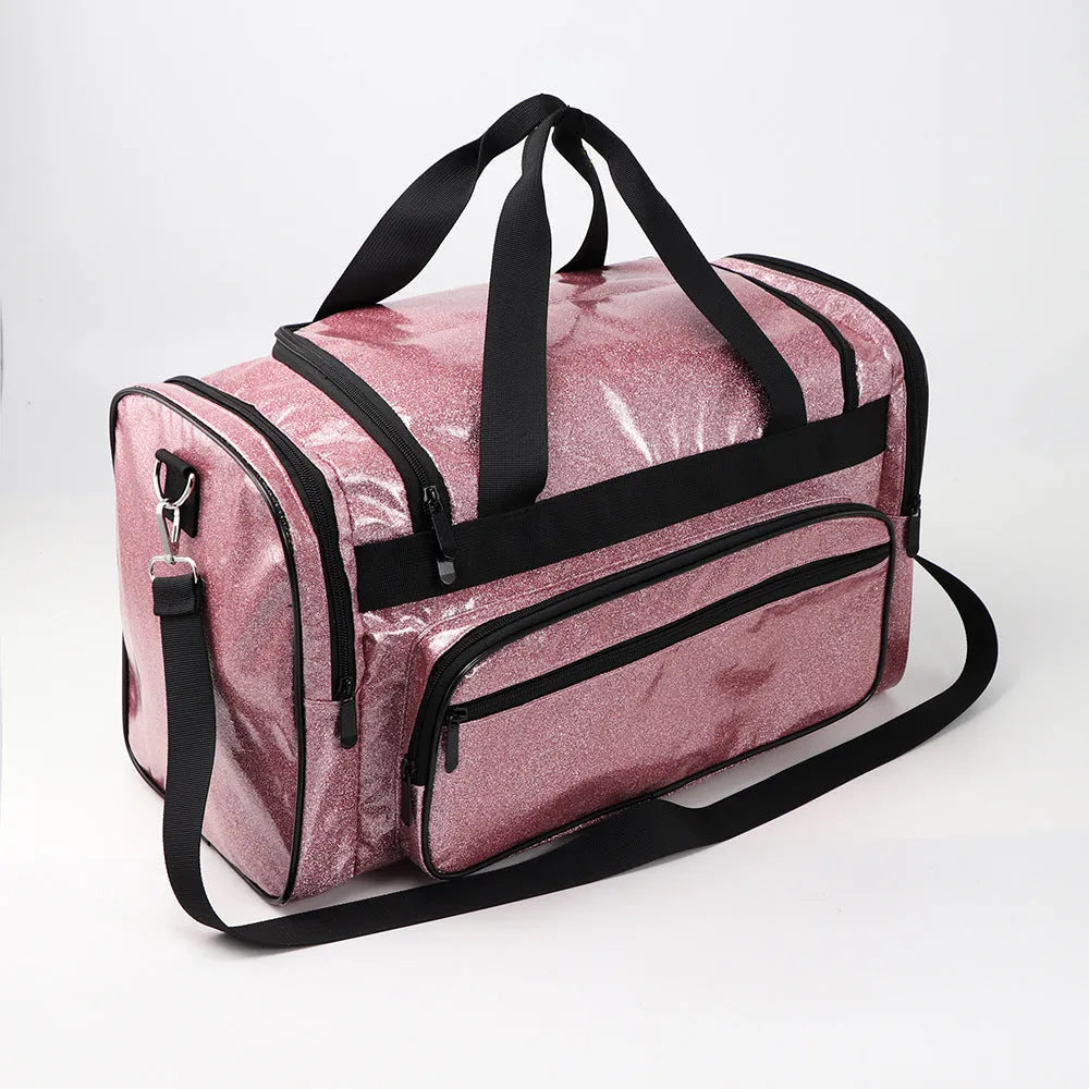Large silver PU leather sports handbag with letter detailing showing interior compartments