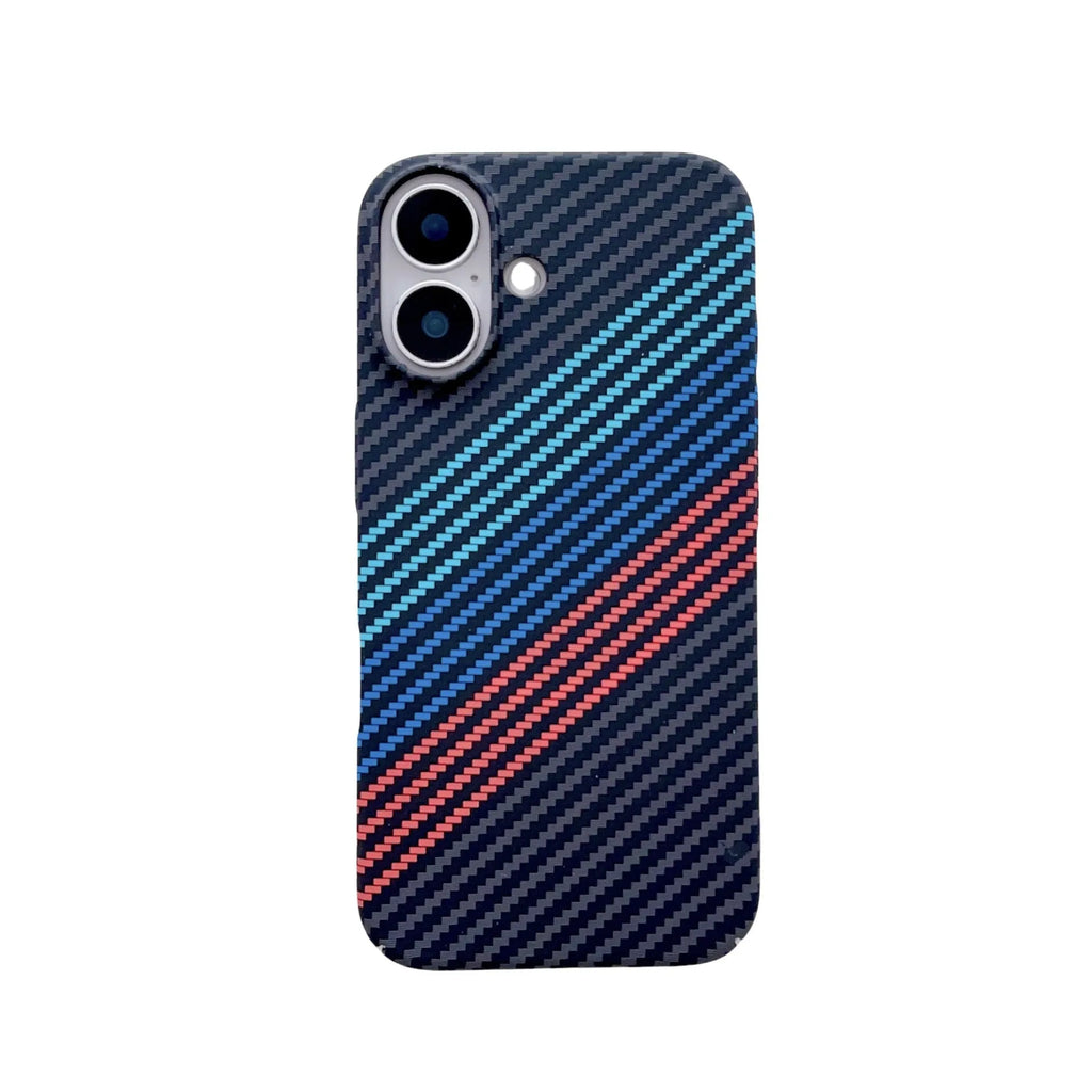Carbon fibre magnetic phone case for iPhone 16 Pro Max, black and red contrast, frosted lattice pattern, PC material