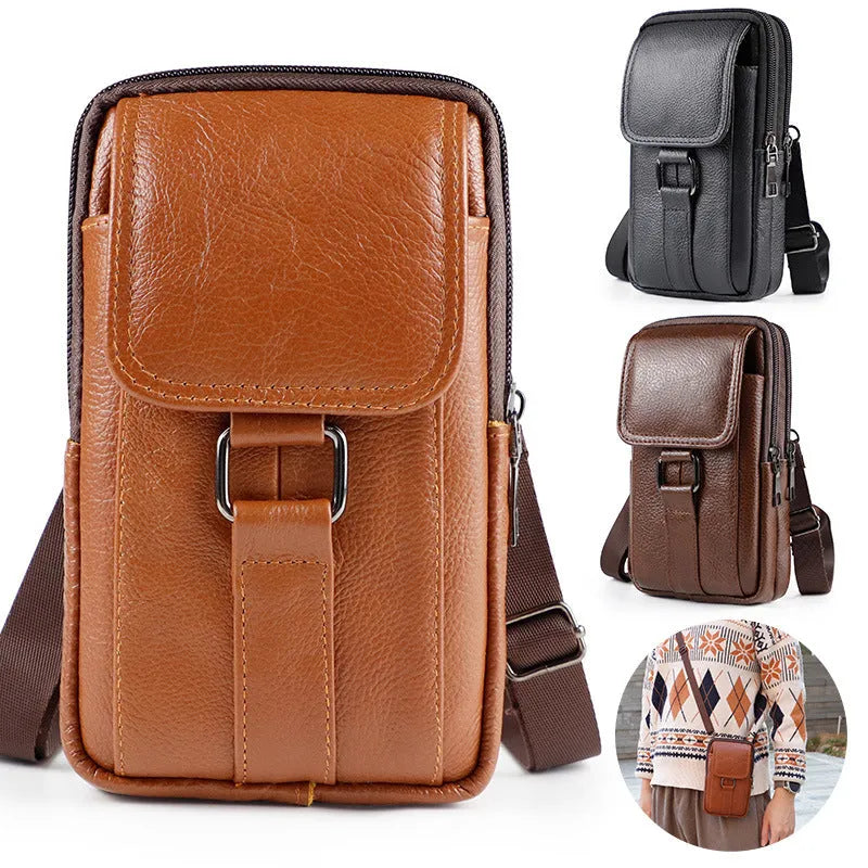 Men's black genuine leather waist bag with lock, shown in vertical square shape.