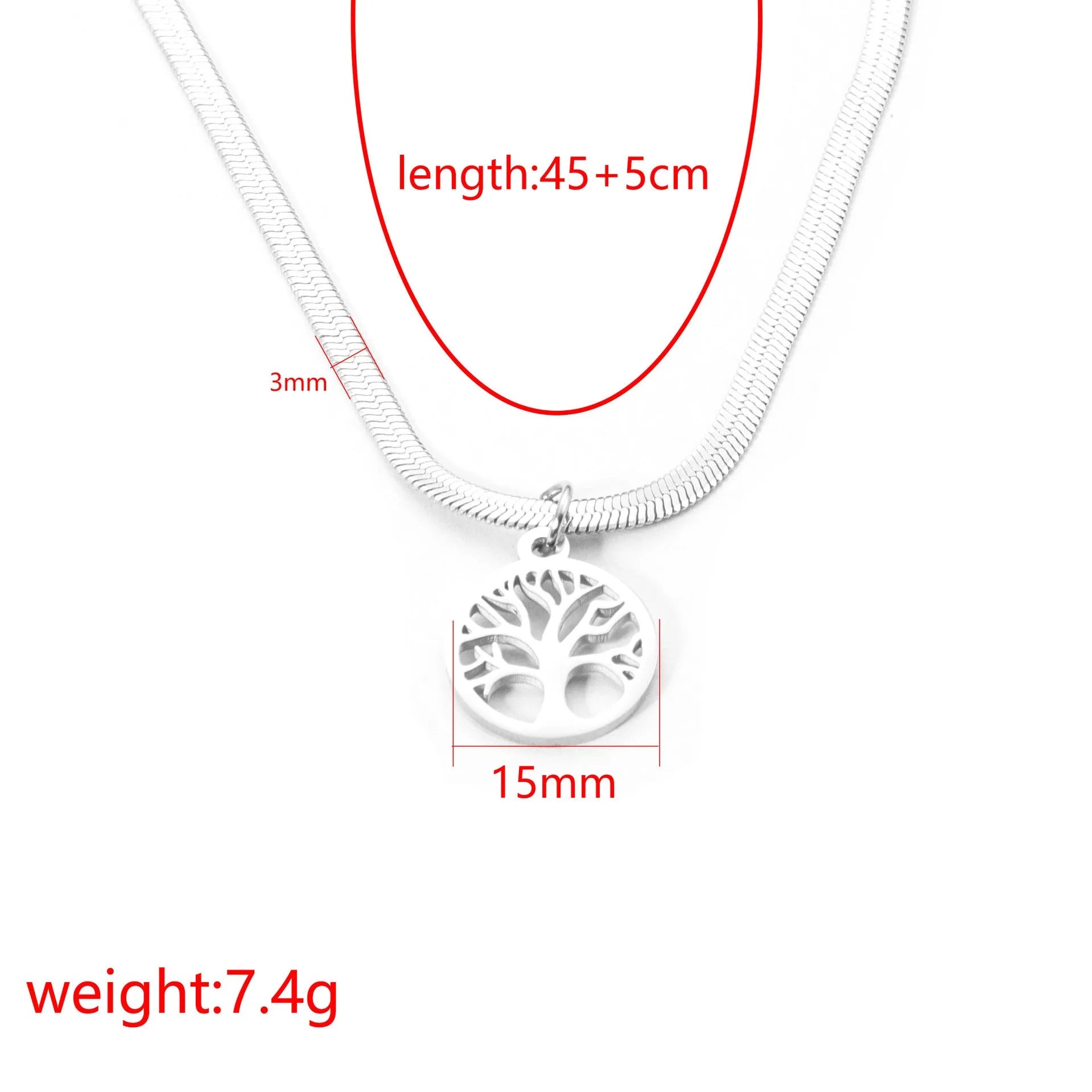 Gold or steel colour stainless steel necklace with a tree pendant on a snake bone chain.