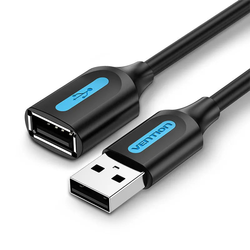 Black USB A Male to AM extension cable with straight head PVC construction showing connector details