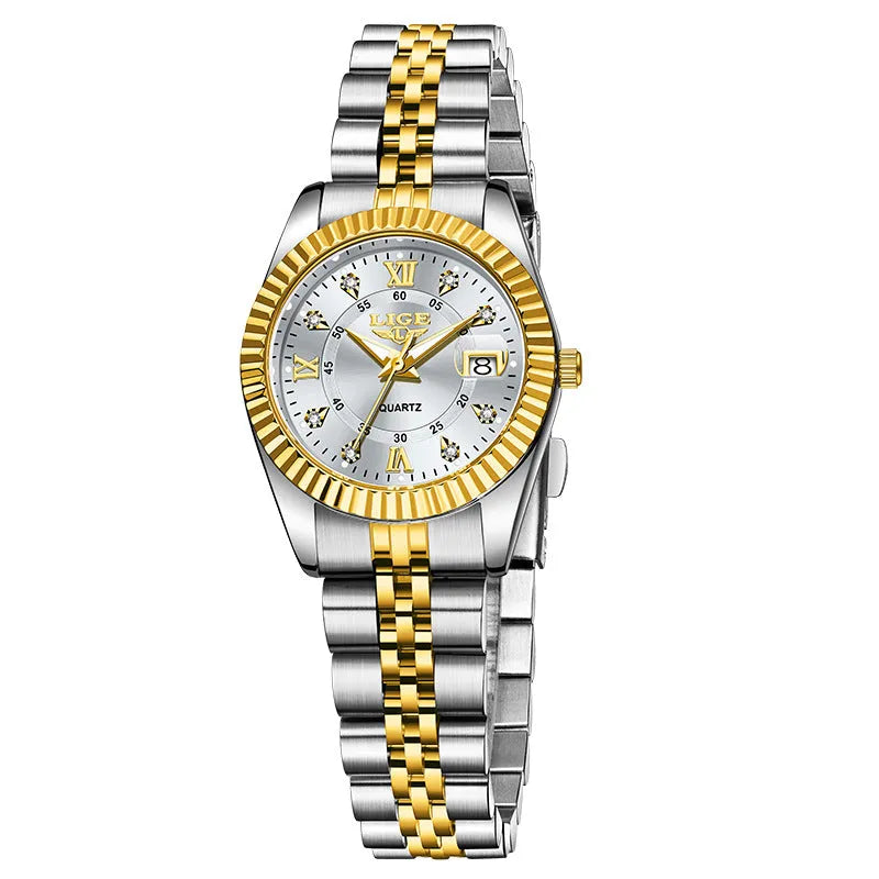 Waterproof quartz watch for women in gold and silver colour options with a 10mm thick case