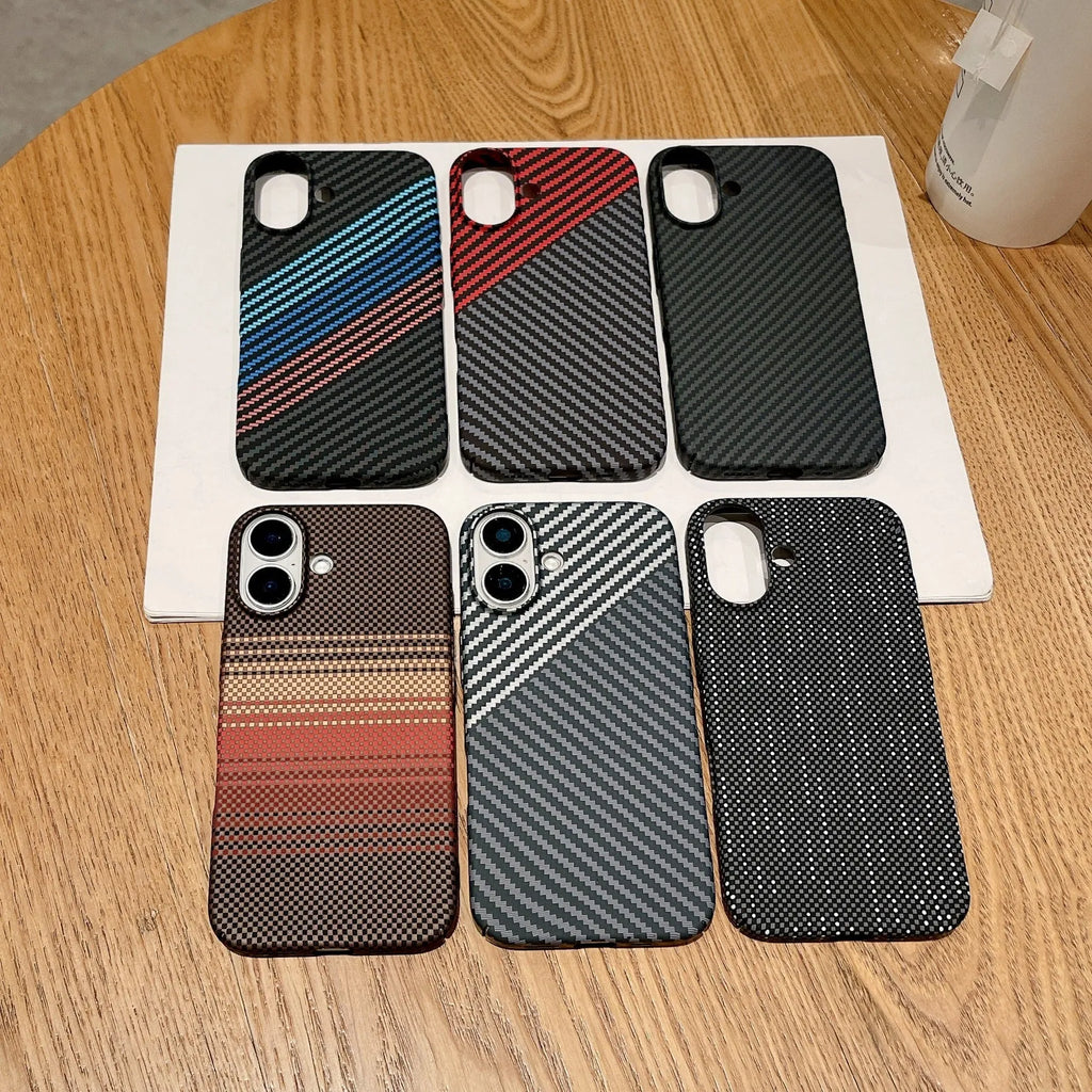 Carbon fibre magnetic phone case for iPhone 16 Pro Max, black and red contrast, frosted lattice pattern, PC material