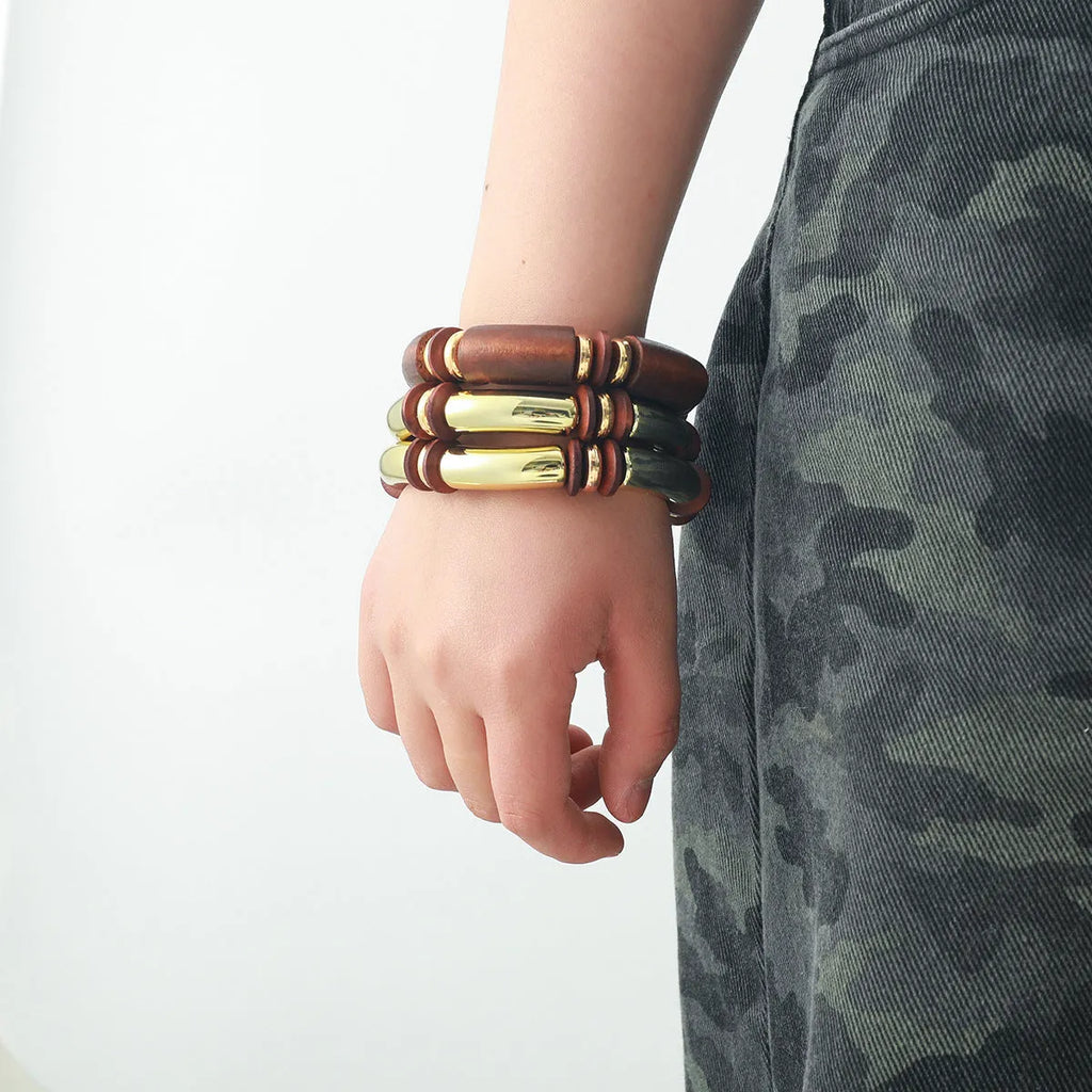 Women's multi-layer wooden necklace and bracelet set with alloy circular pendants