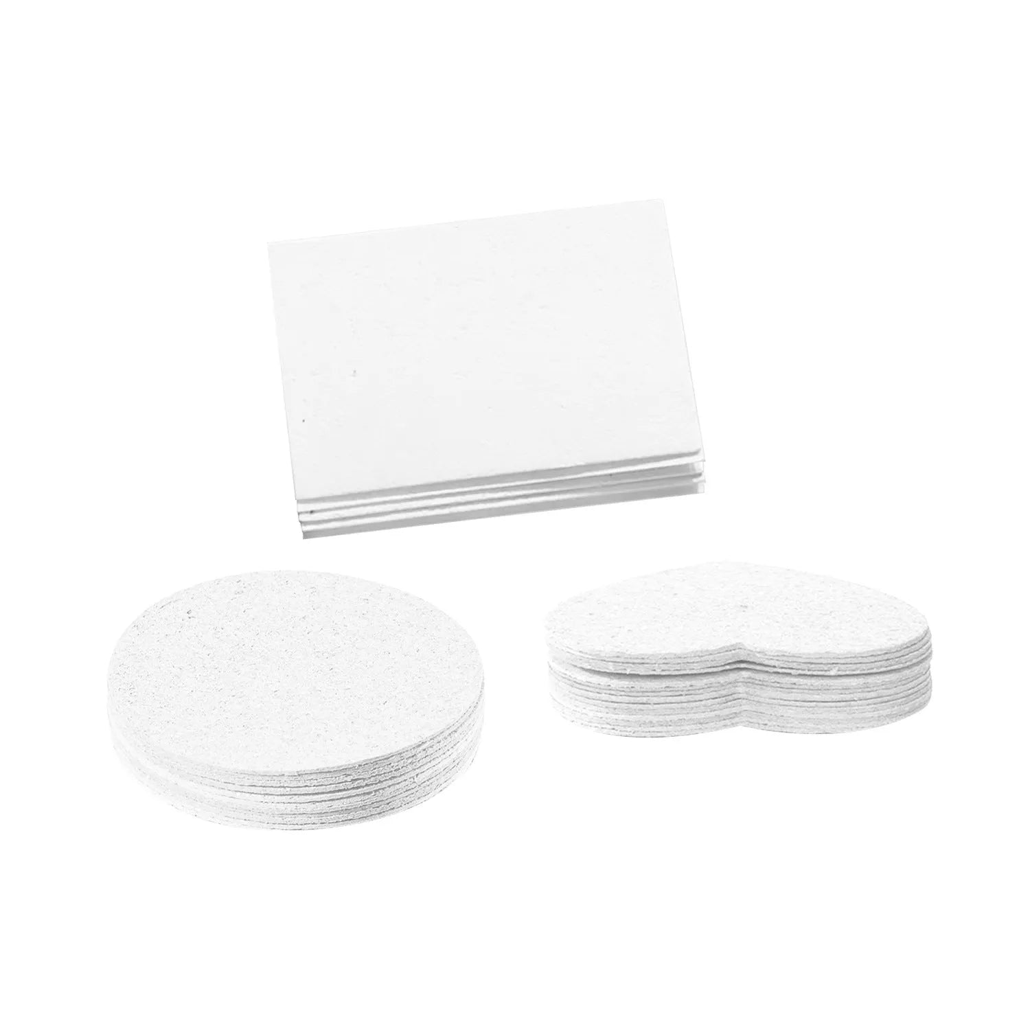 Cartoon wood pulp sponge painting set showing heart, round, and square shaped sponges with fountain pens