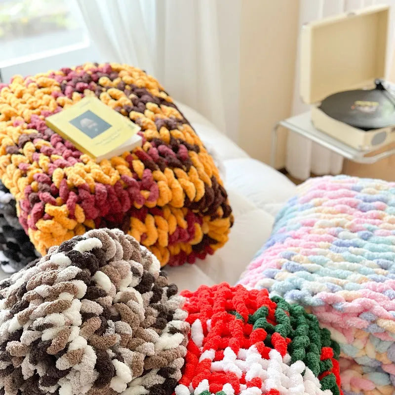 Handmade thick chenille striped blanket in 130x170cm size showing caramel mango colour option