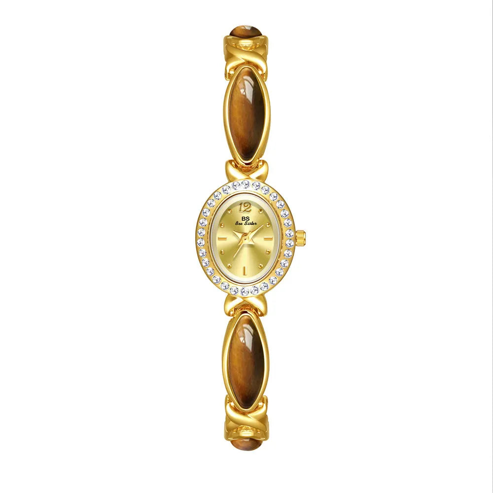Tigereye Maillard chain watch for women with natural stone dial, 7mm alloy bracelet, gold tone