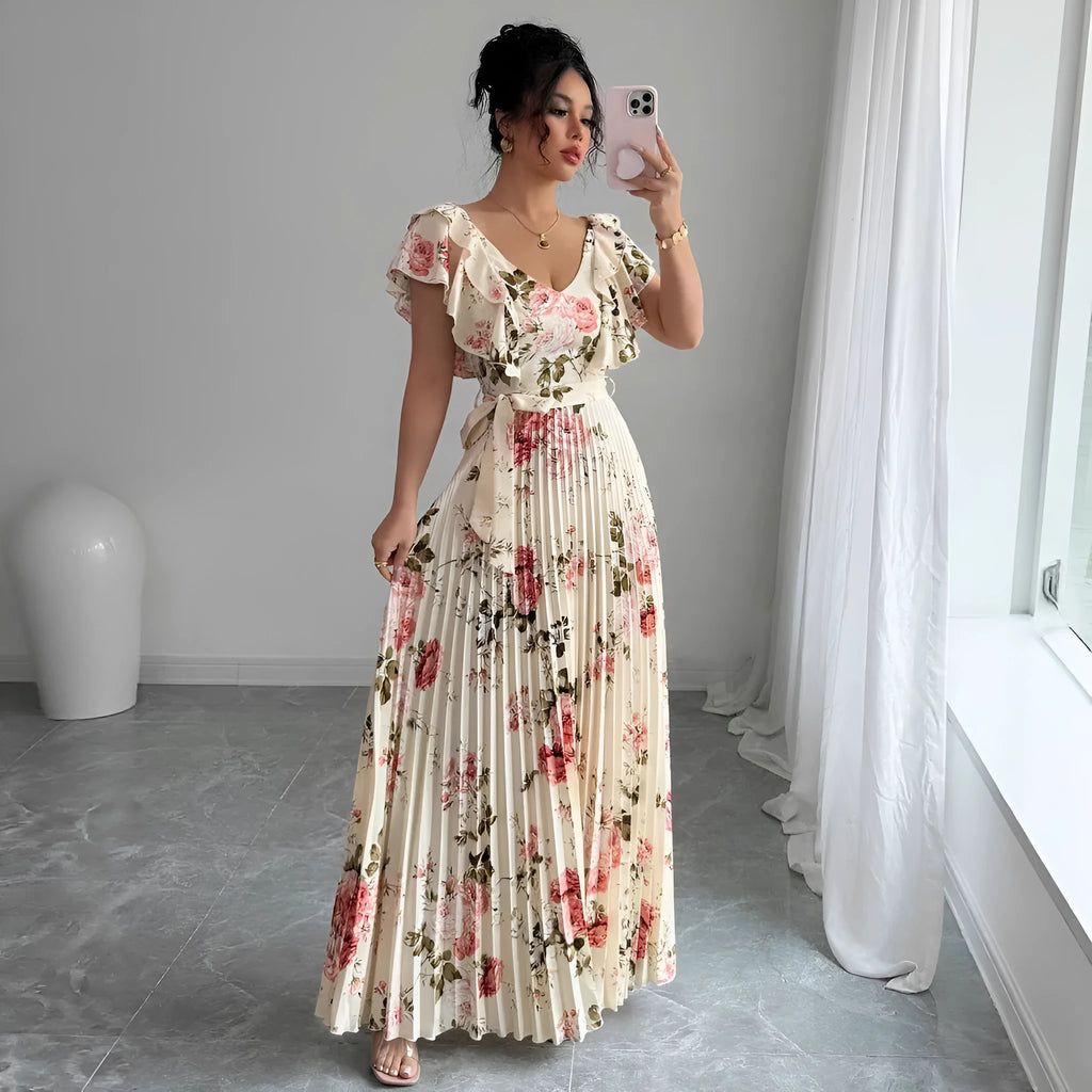 Apricot floral print V-neck dress with ruffle sleeves and a long swing skirt.