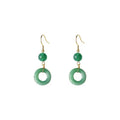 A pair of geometric peace buckle earrings with a green jade design and gold plating.