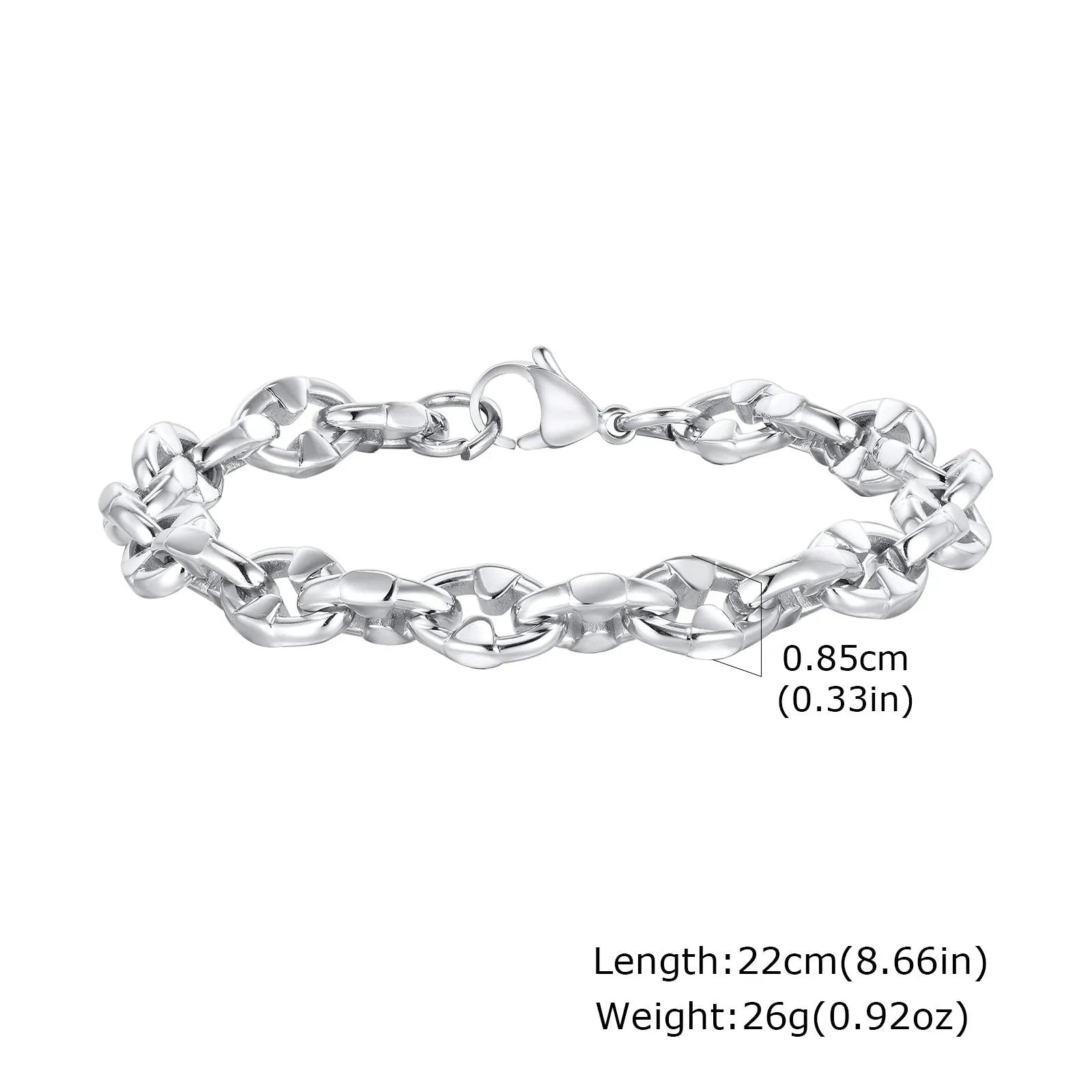 Thick stainless steel geometric link bracelet in steel colour on a wrist.