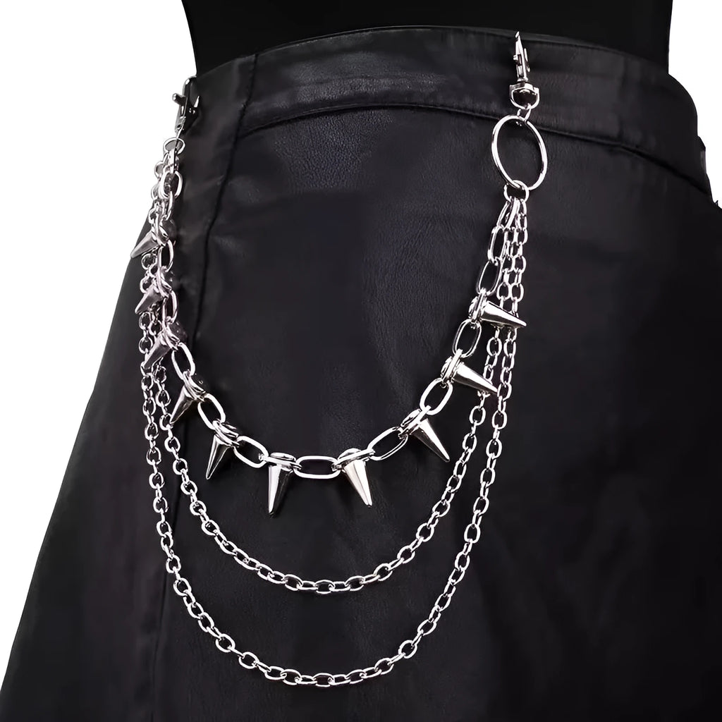 Silver metal punk chain with dark rivet and double layer phants zipper ornament, 115cm length for belt loop attachment