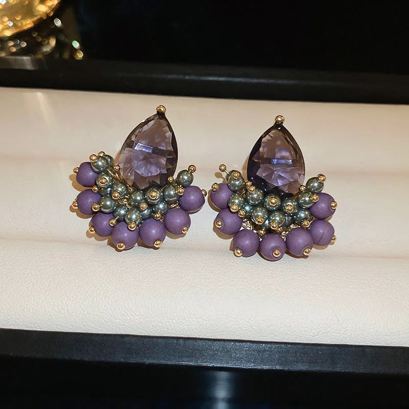 Retro purple water drop tassel earrings with silver needle alloy fitting, one pair