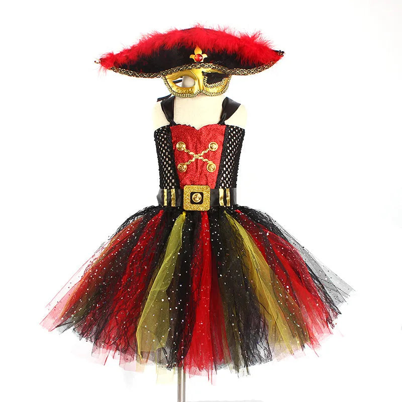 Girls pirate Halloween costume with sequin gauze skirt, mesh panels and lace details