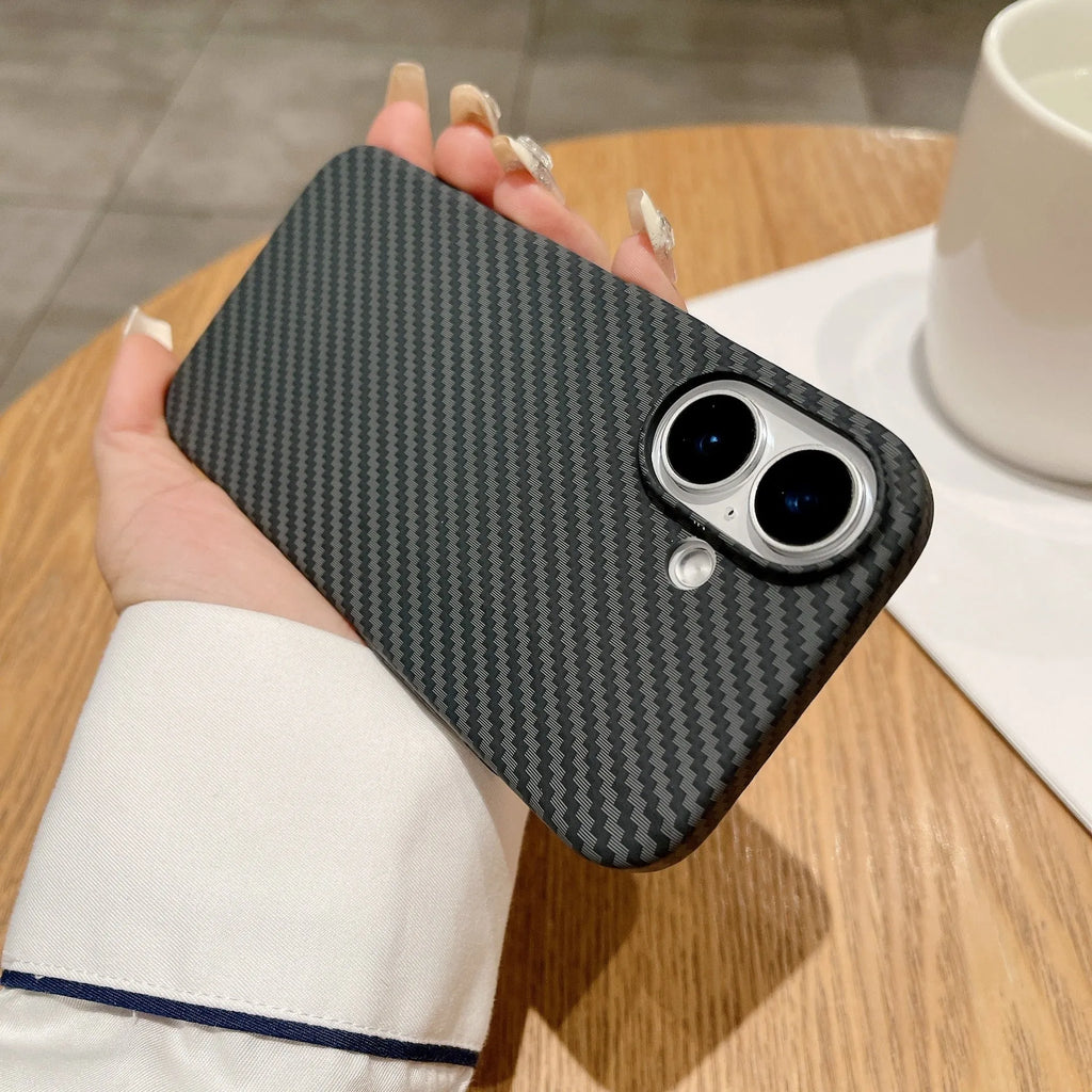 Carbon fibre magnetic phone case for iPhone 16 Pro Max, black and red contrast, frosted lattice pattern, PC material