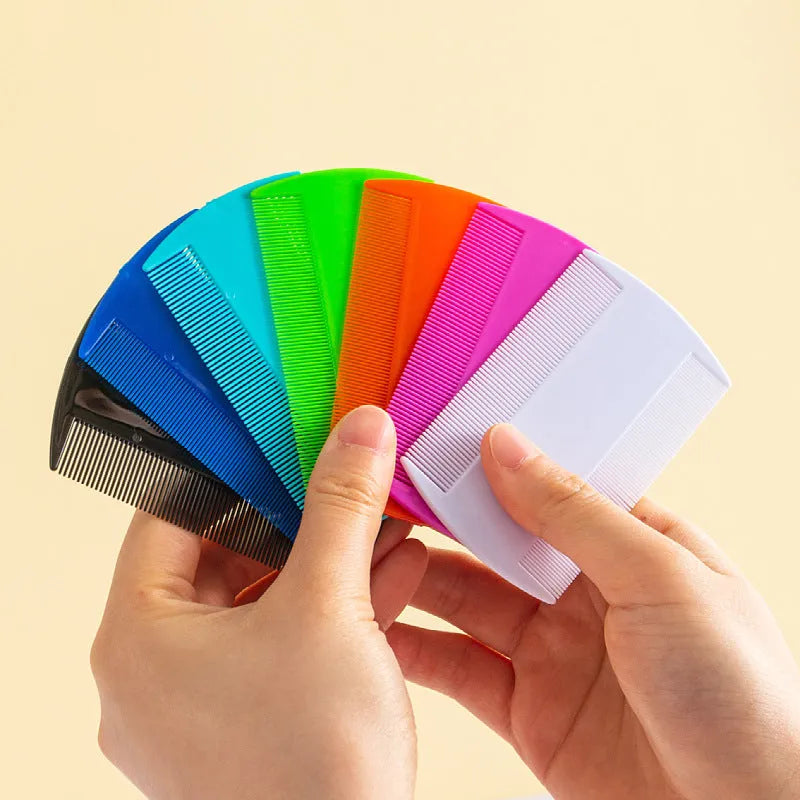 Double-edged fine-toothed plastic lice comb in various colours, showing both fine and coarse sides, scale shown with 8cm length.