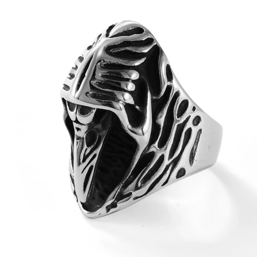 Crow design stainless steel ring in geometric shape, colour MR166, on a grey background.