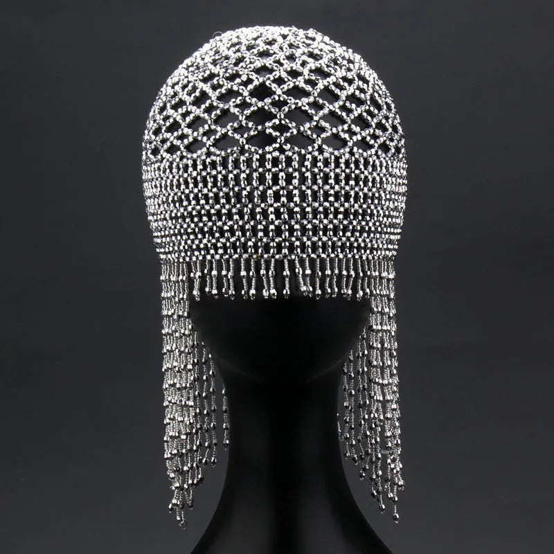 Handmade beaded belly dance performance hat with alloy construction and tassel detailing