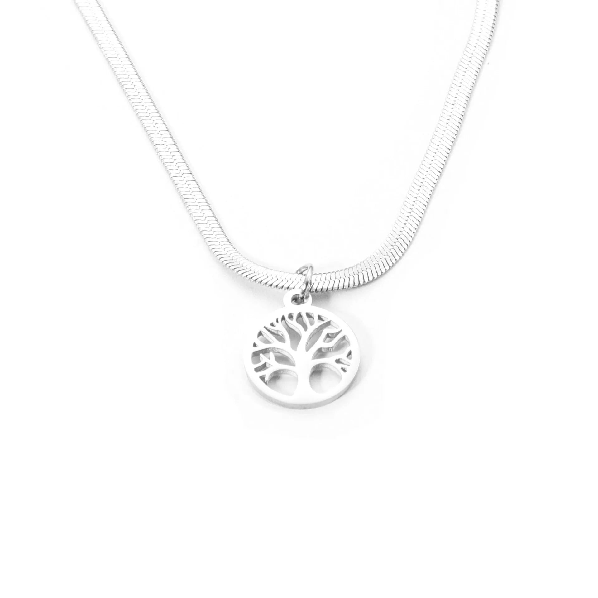 Gold or steel colour stainless steel necklace with a tree pendant on a snake bone chain.