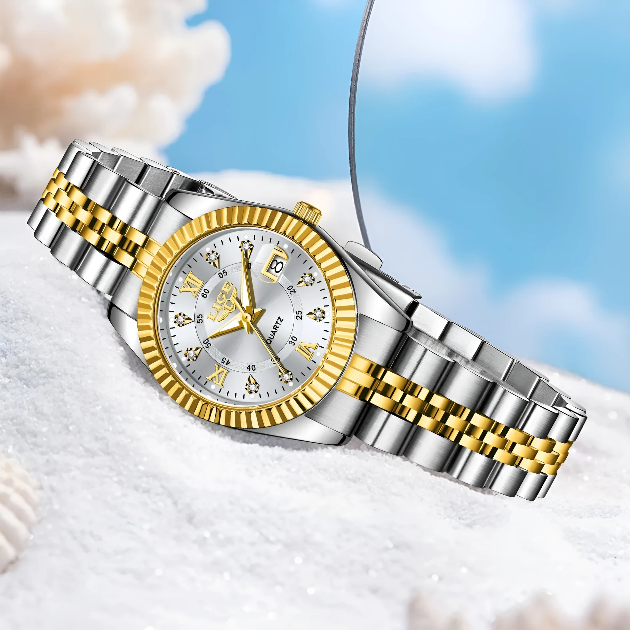 Waterproof ladies fashion quartz watch in gold or silver tones, 10mm thick.