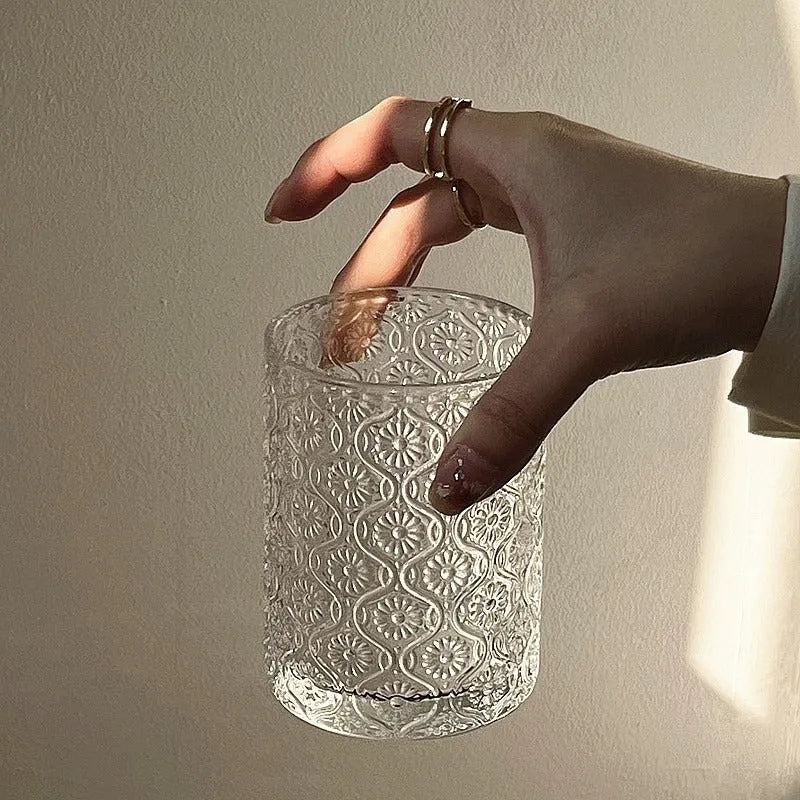 Begonia carved pattern glass water cup in two sizes: short 250ml and tall 380ml versions