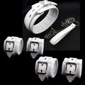 White PU sponge bondage handcuffs, foot cuffs, and neck scarf set on a plain background.