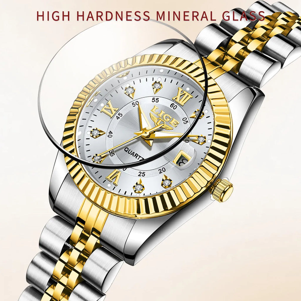 Waterproof ladies fashion quartz watch in gold or silver tones, 10mm thick.