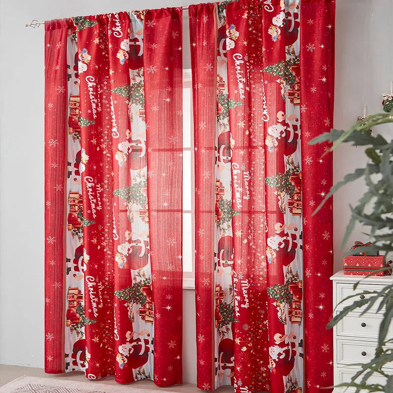 Rectangular Christmas-themed curtain with printed designs showing semi-sunshade function