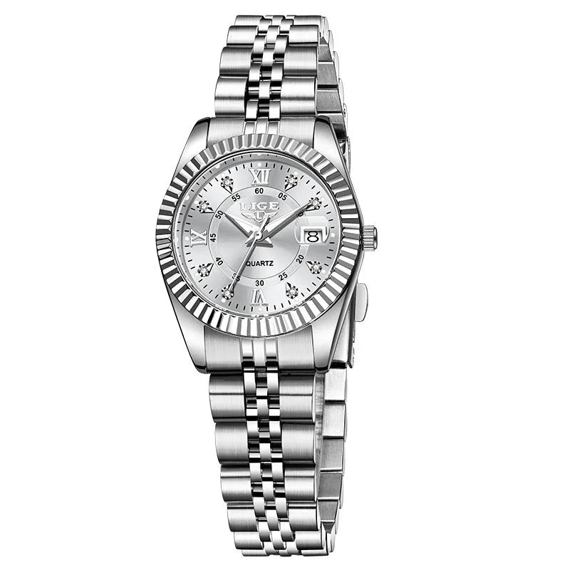 Waterproof quartz watch for women in gold and silver colour options with a 10mm thick case