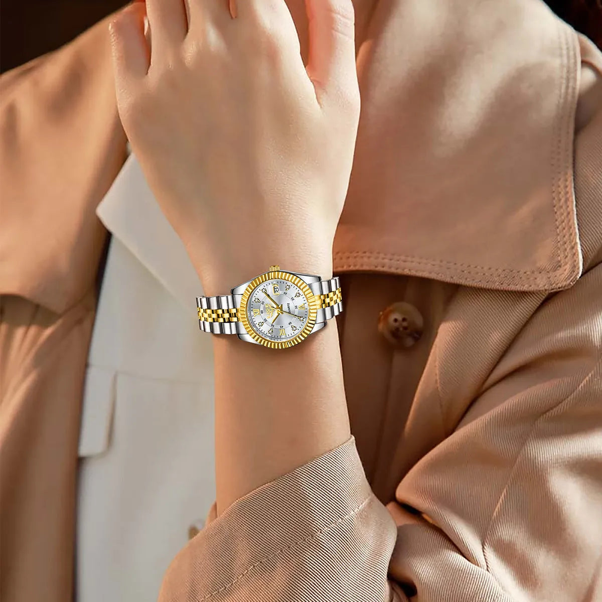 Waterproof ladies fashion quartz watch in gold or silver tones, 10mm thick.