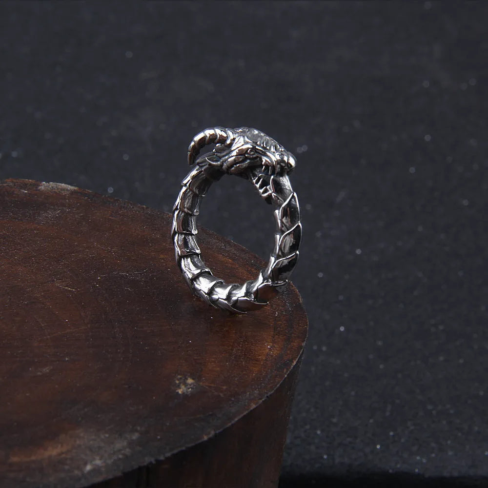 Stainless steel dragon ring in steel colour with Norwegian myth ethnic style design, unisex sizes 7 to 13