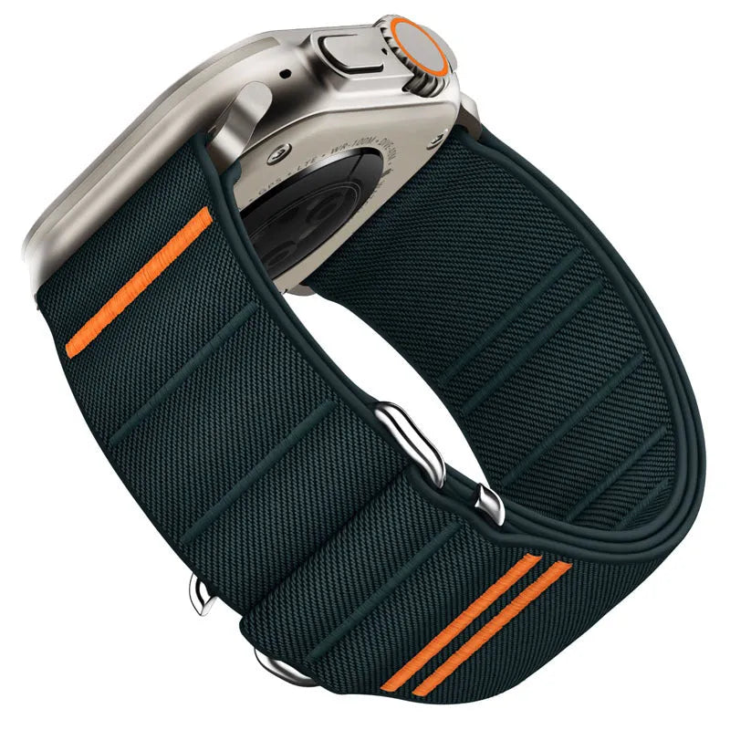 Elastic nylon Apple Watch replacement strap with stainless steel buckle shown in Army Green colour.