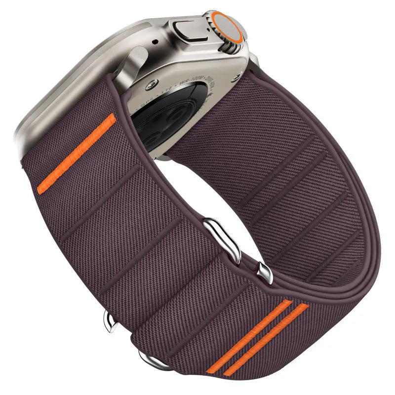 Elastic nylon Apple Watch replacement strap with stainless steel buckle shown in Army Green colour.