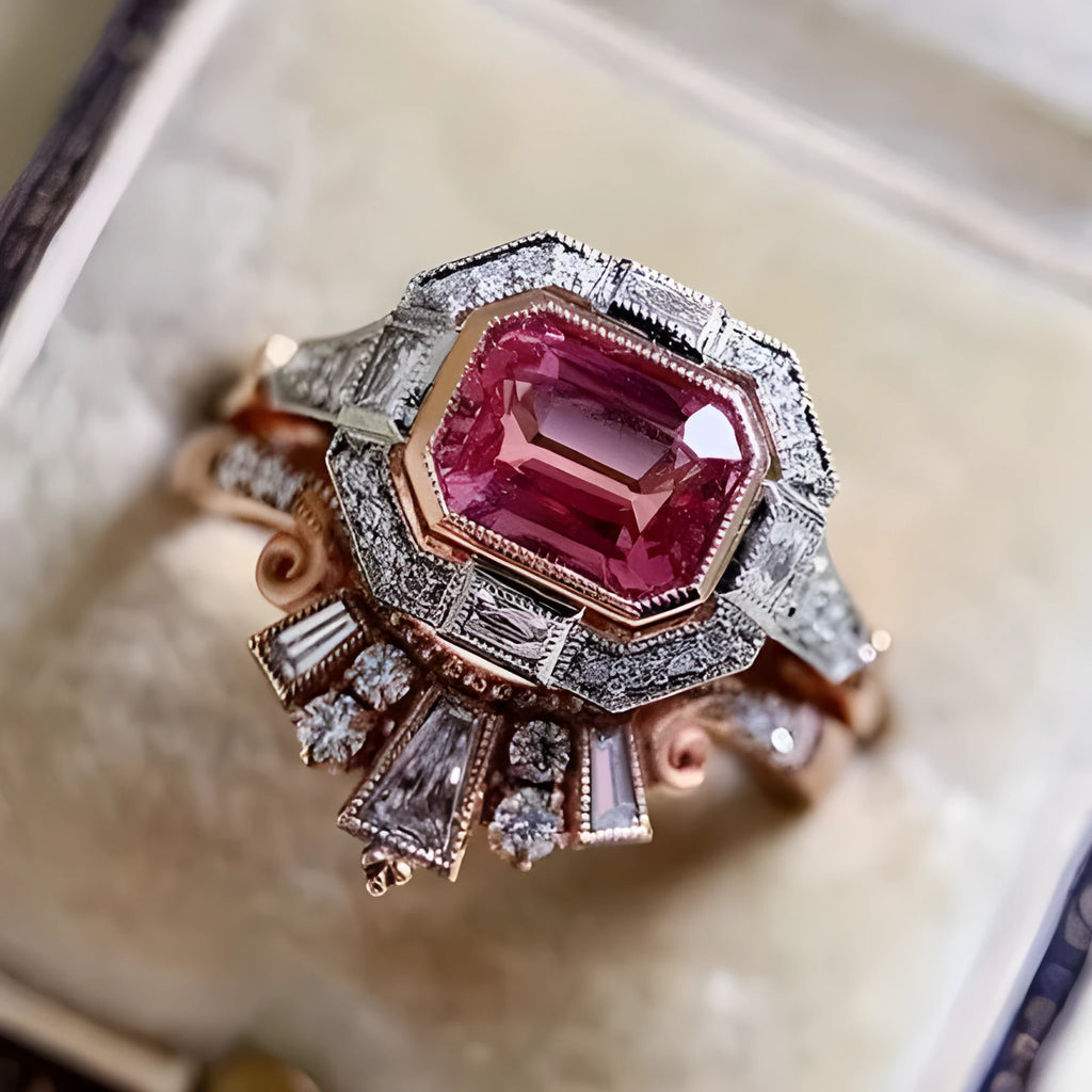 Retro style rose gold women's ring with a geometric shape and central ruby stone.