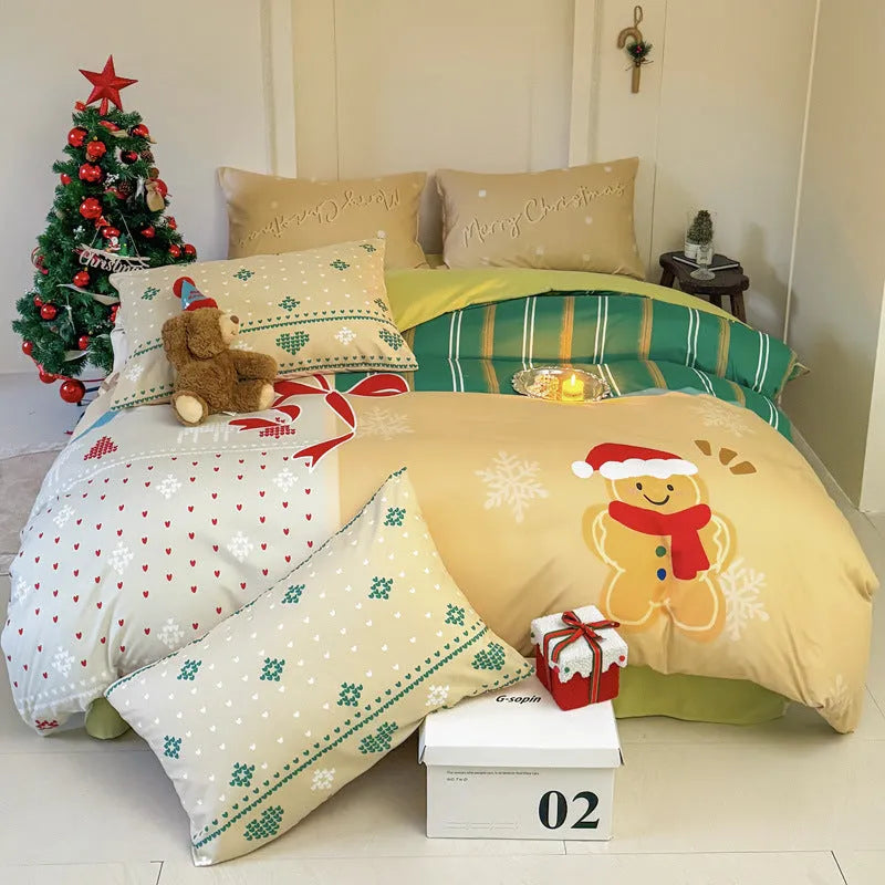 Christmas bedding four-piece set with soft washed cotton texture and colourful cartoon prints.