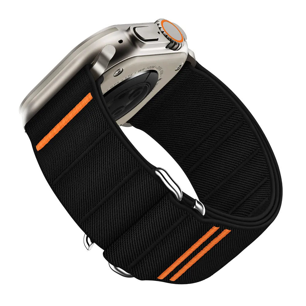 Elastic nylon Apple Watch replacement strap with stainless steel buckle shown in Army Green colour.