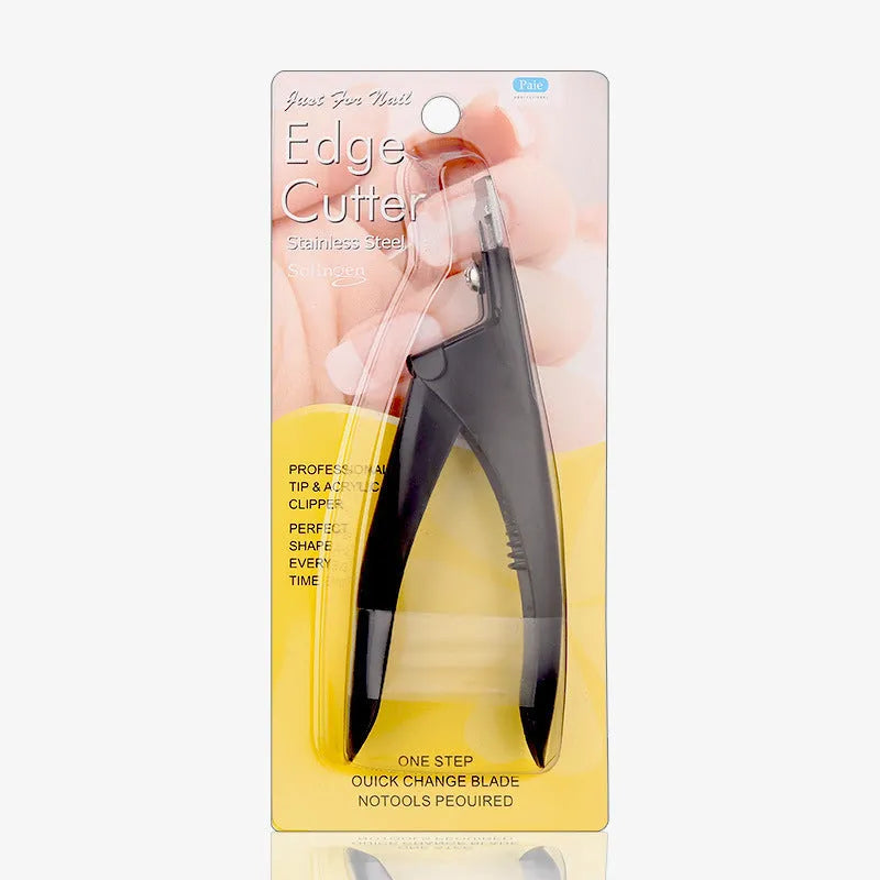 Stainless steel French U-shaped nail art scissors for cuticle trimming, shown in black, titanium, and silver finishes.