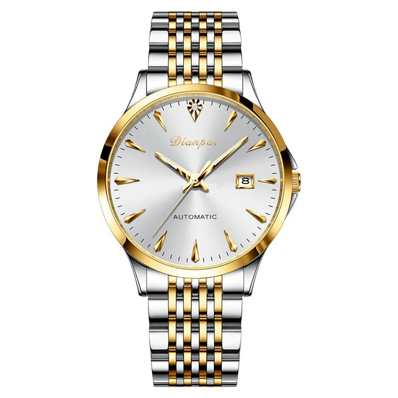 Men's stainless steel automatic watch with a simple dial and mineral glass crystal.