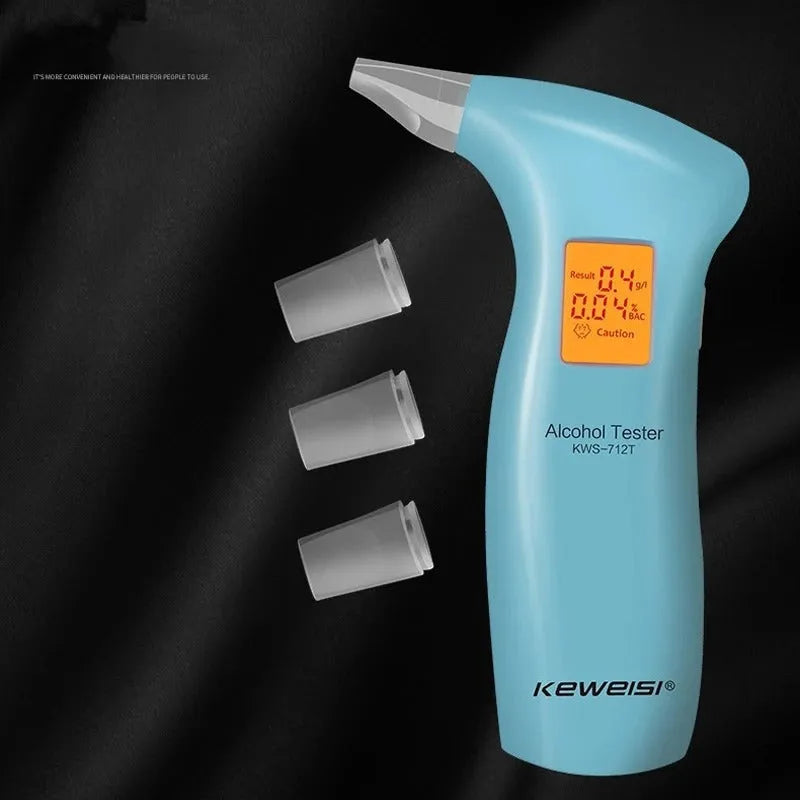 Portable orange LED breath alcohol tester with replaceable mouthpieces on a dark grey background.