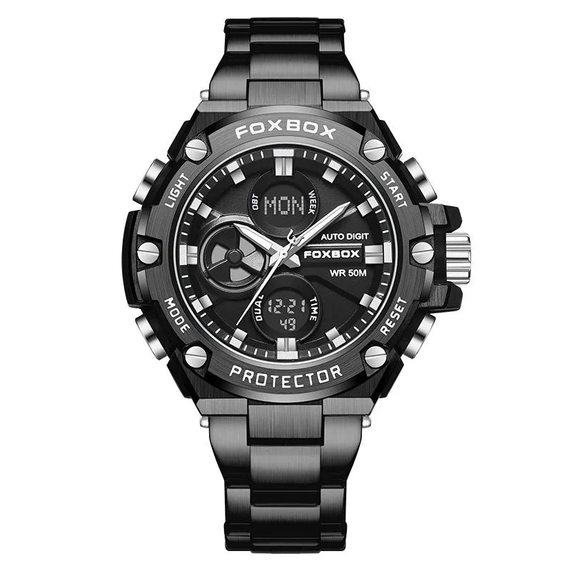 Men's double display luminous electronic quartz steel watch, 17mm thick, in black gold or silver colour