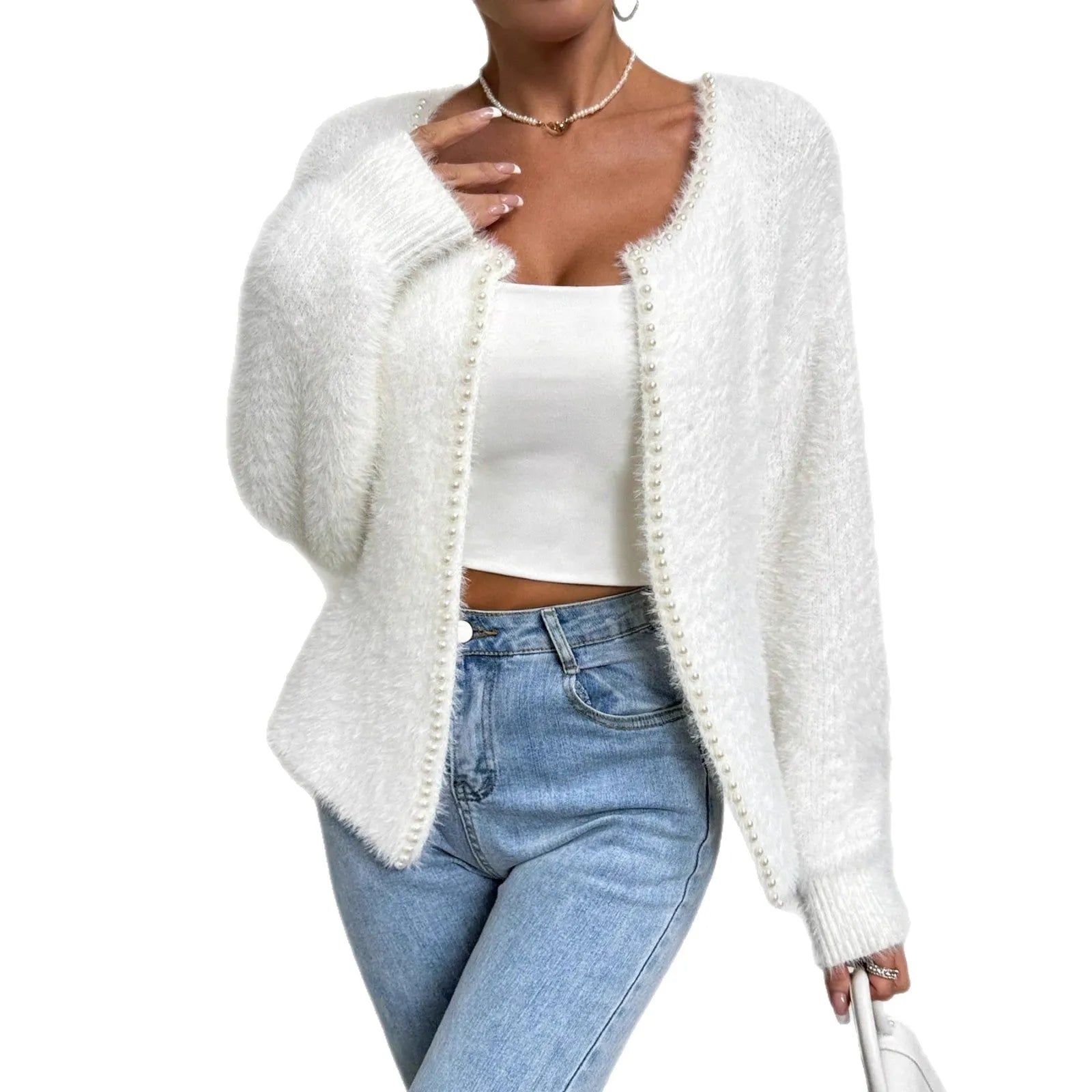 Women's white V-neck cardigan sweater with bead knit design, 50cm length