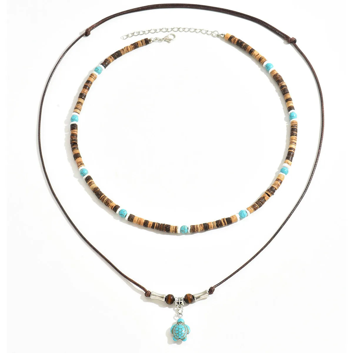 Men's coconut shell turquoise leather necklace with geometric wood and gemstone pendant