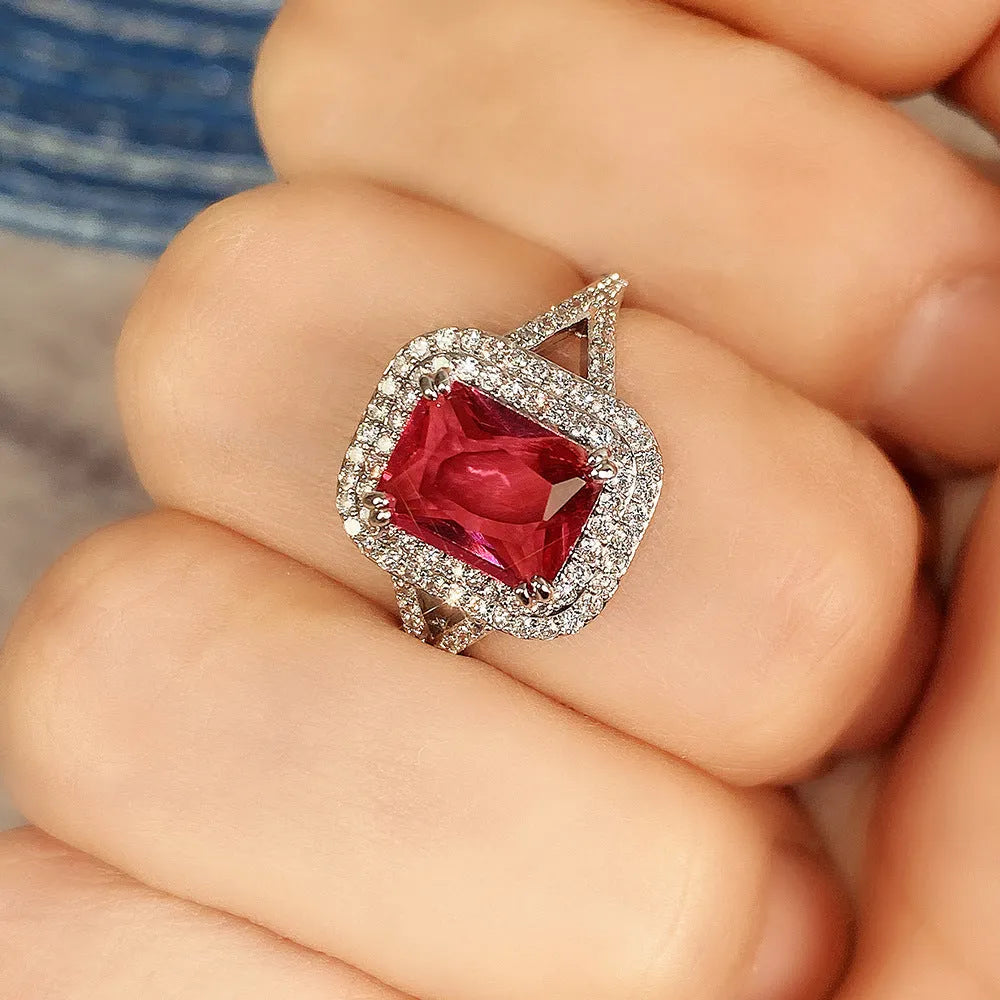 Red rhinestone square princess ring on copper band, women's jewellery sizes 6 to 10